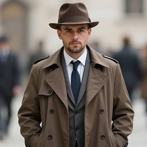 Photograph of a serious, bearded man in a brown trench coat, gray suit, white shirt, dark tie, and brown fedora, standing