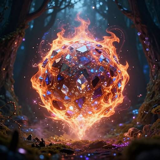 Photorealistic digital artwork of a glowing, fiery crystal sphere with blue facets floating in a dark, enchanted forest.