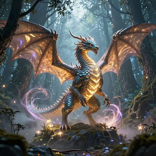 Digital fantasy artwork of a majestic, glowing blue and orange dragon with large wings, standing in a mystical, misty forest.