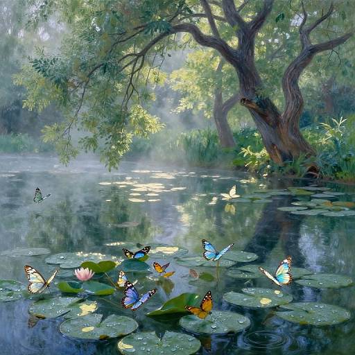 Whimsical painting of a serene pond with vibrant blue and orange butterflies, pink lilies, and lily pads, reflected in still water, under