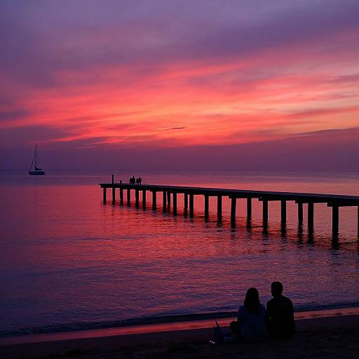 Photograph of a vibrant sunset over a calm sea, with a wooden pier extending into the water. Silhouetted figures sit on the pier and