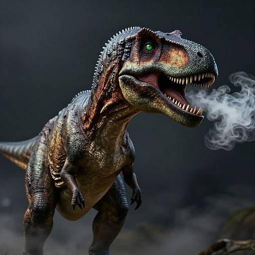 Photorealistic CGI of a fierce, breathing, green-eyed velociraptor with textured, scaly skin, sharp teeth, and dark background. Smoke