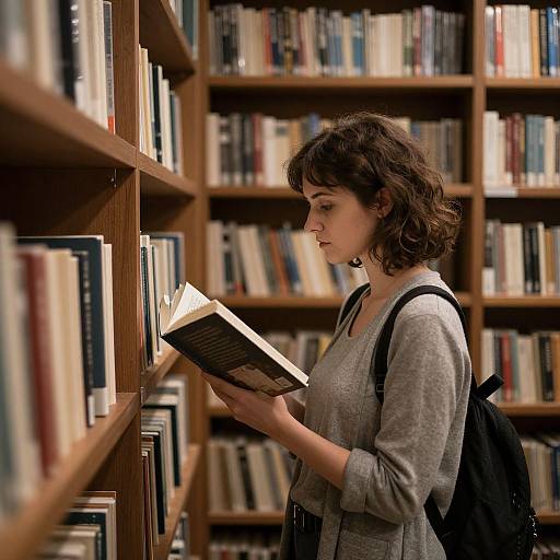 Photograph of a young woman with short, wavy brown hair, wearing a gray sweater and black backpack, reading a book in a dimly lit