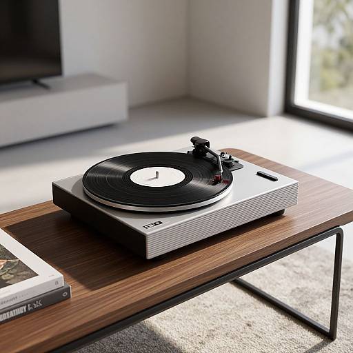 Photograph of a modern wooden coffee table with a black vinyl record player, book, and sunlight streaming through a window.