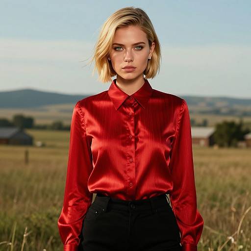 Photograph of a blonde woman with blue eyes, wearing a red satin blouse and black pants, standing in a grassy field with mountains in the background