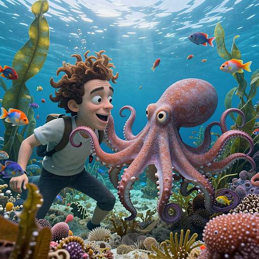 Cartoon boy with curly hair and white shirt excitedly swims underwater beside a pink octopus surrounded by colorful fish and coral. Bright, vibrant, underwater