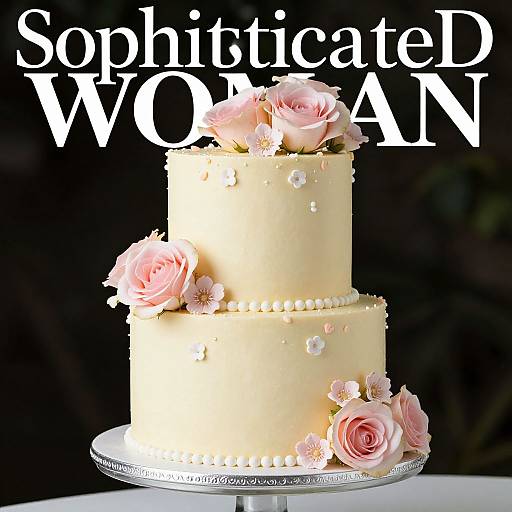 Photograph of a two-tiered, cream-colored wedding cake adorned with pink roses and pearls, set against a dark background with 