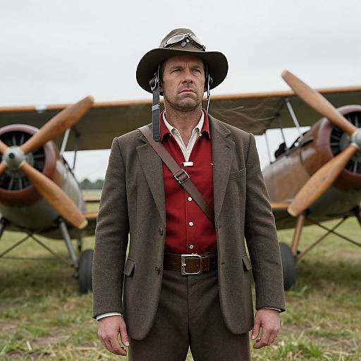 Photograph of a serious, middle-aged man in a brown suit, red shirt, and pilot's hat standing in front of vintage biplanes.