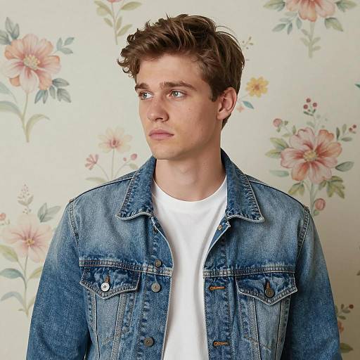 Young Man in Denim Jacket with Floral Background