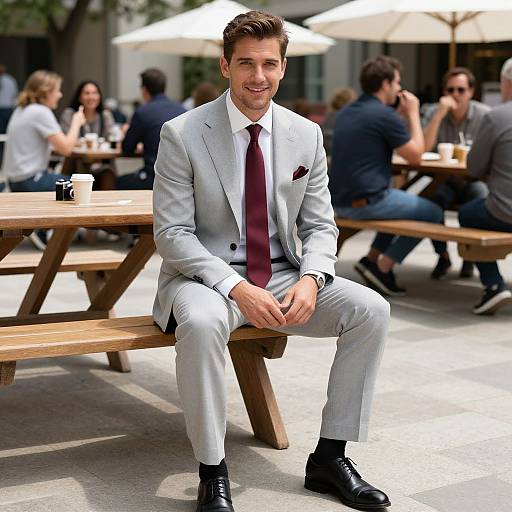 Photograph of a handsome man with short brown hair, wearing a light gray suit, maroon tie, and black shoes, sitting on a wooden bench