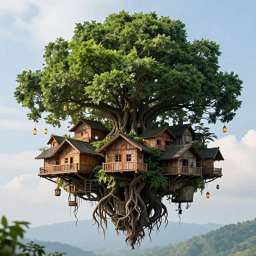 Photorealistic digital art of a wooden treehouse village with multiple connected cabins, hanging lanterns, and exposed tree roots, floating amidst lush green foliage