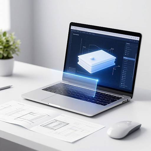 Photograph of a silver laptop displaying a blue, holographic 3D file on a white desk with a white mouse and blurred green plant in the