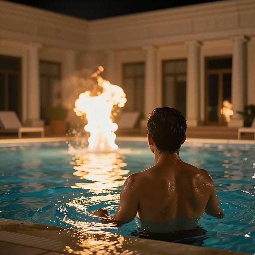 Nighttime Pool Scene with Fiery Lights