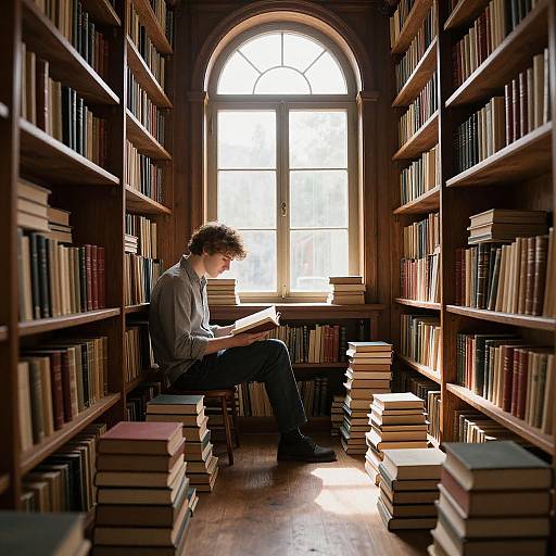 Photograph of a curly-haired man in a gray shirt, reading a book in a sunlit, wooden library aisle with tall bookshelves.