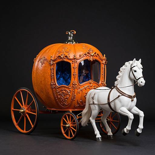 Photograph of an ornate, pumpkin-shaped, golden carriage with intricate carvings, pulled by a white, rearing horse with black harness,
