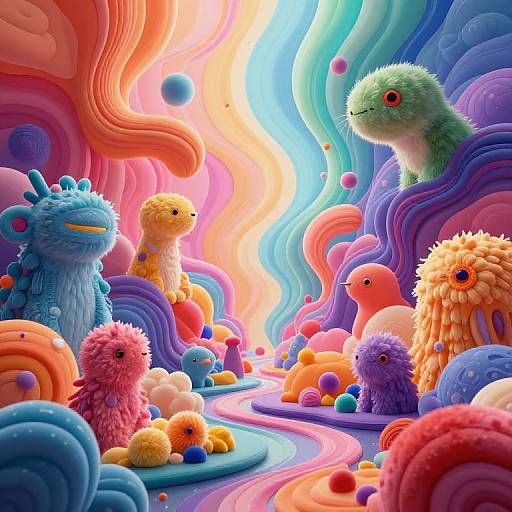 Vibrant digital illustration of fluffy, colorful creatures with cute expressions, set against swirling, rainbow-hued waves and floating orbs in a surreal, dream