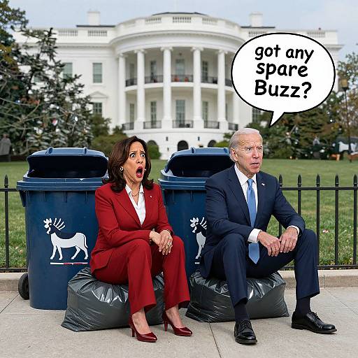 Photograph of a shocked woman in a red suit and heels, and a bald man in a black suit, sitting on trash bags in front of the