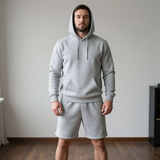 Photograph of a bearded man with medium build, wearing a light gray hoodie and matching shorts, standing in a minimalist room with wooden floors and white