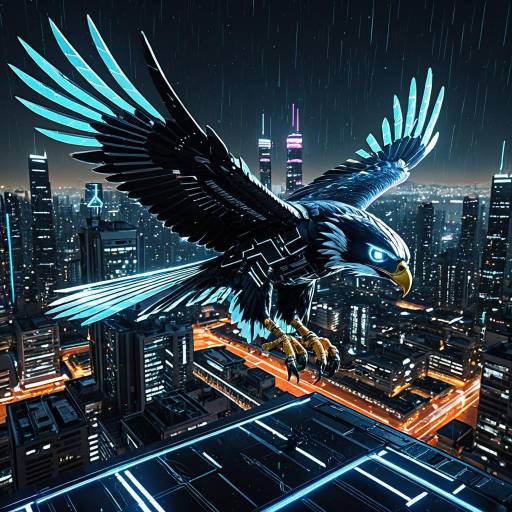 Cybernetic Hawk Over Neon Cityscape