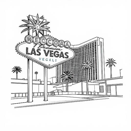 Black-and-white line drawing of the Las Vegas sign with palm trees, tall buildings, and a marquee-style sign reading 