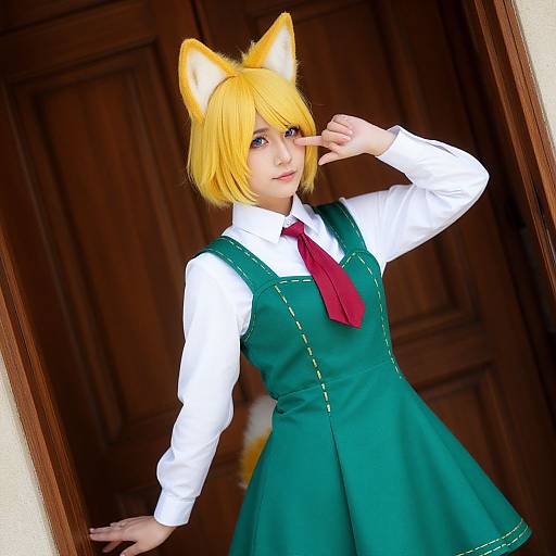 Photograph of a blonde-haired woman cosplaying with fox ears, wearing a green dress, white shirt, red tie, posing in a wooden door frame