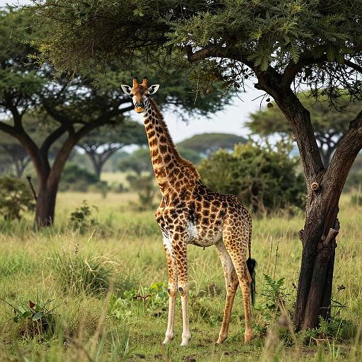 Photograph of a tall giraffe with distinct brown spots, standing under a tree in a lush, green savanna with distant trees and a blurred,