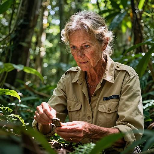 Photograph of an elderly woman with sunlit, wavy gray hair, wearing a beige field jacket, examining something in a lush, sun-dapp