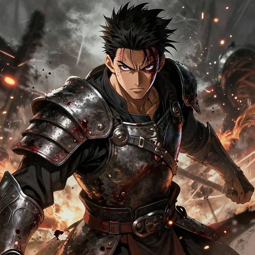 Intense anime-style digital artwork of a muscular, black-haired warrior with scarred face, wearing bloody, reflective armor, gripping a sword amid fiery chaos