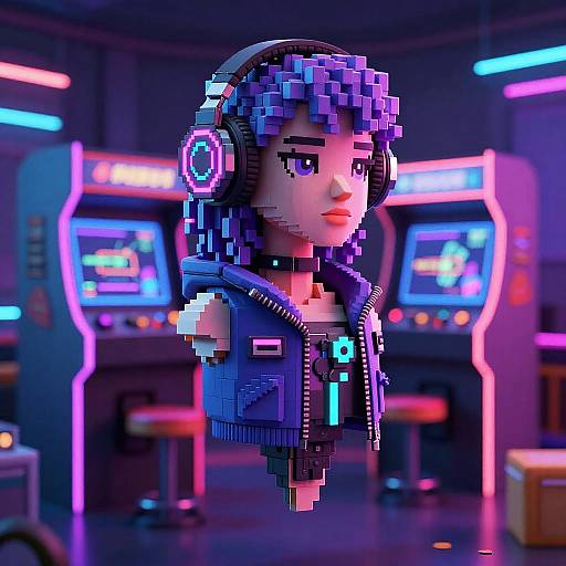 Pixel art of a female character with blue hair and neon headphones in an arcade, surrounded by colorful, glowing arcade machines.