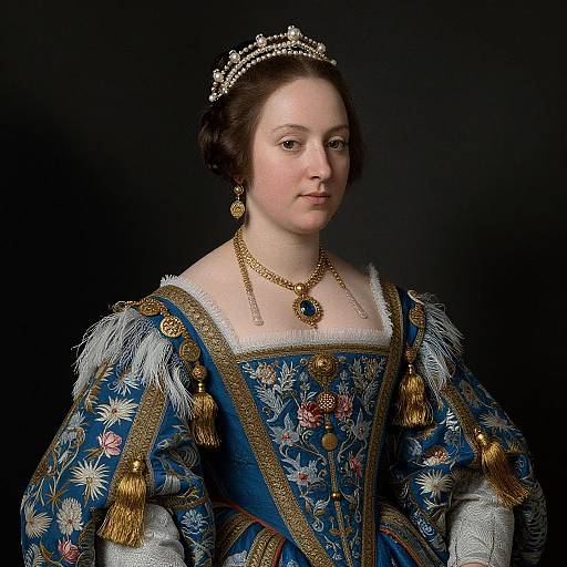 Photograph of a fair-skinned, dark-haired woman in elaborate 18th-century royal attire with blue embroidered dress, gold trim, pearl headband