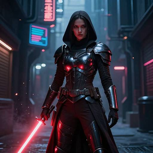 Digital artwork of a fierce woman in black, armored hooded outfit holding a glowing red lightsaber in a neon-lit, cyberpunk alley.