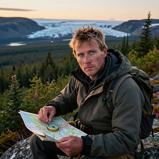 Photograph of a rugged, blond-haired man with blue eyes, wearing a green jacket and backpack, studying a map against a snowy mountainous forest backdrop