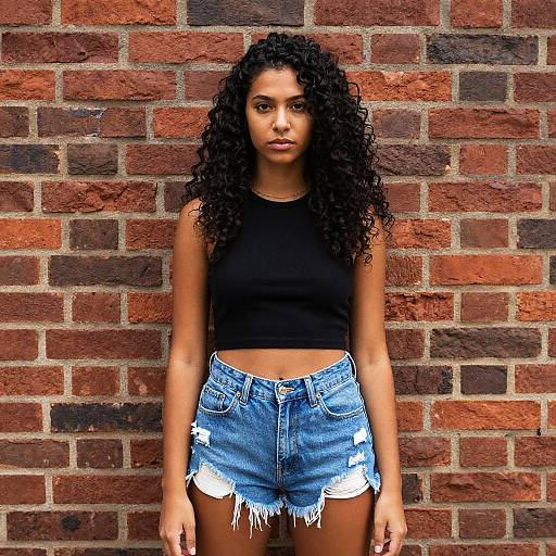 Photograph of a young Black woman with long curly hair, wearing a black crop top and frayed denim shorts, standing against a red brick wall.