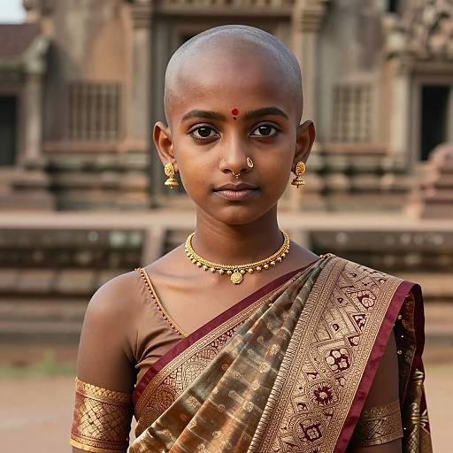 Photograph of a young Indian girl with a shaved head, wearing a gold-adorned brown sari, nose ring, and red bindi,