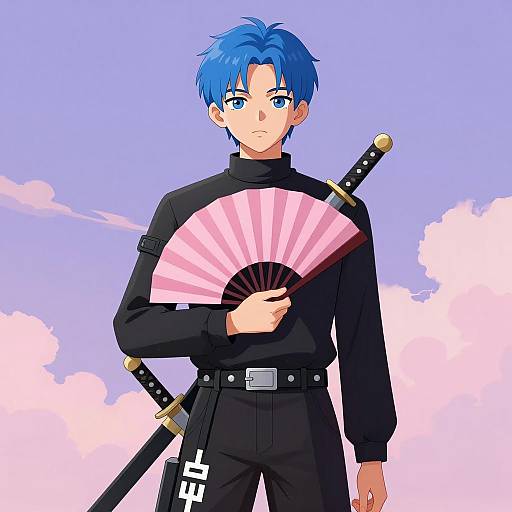 Youth with Blue Hair and Pink Fan