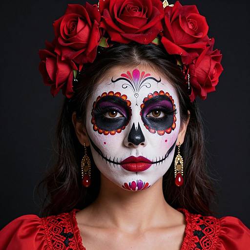 Photograph of a woman with Day of the Dead face paint, red roses in her hair, black background, red lace dress, gold earrings, and