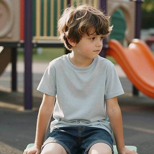 Photograph of a young boy with tousled brown hair, wearing a light gray t-shirt and dark shorts, sitting on a playground slide, looking to