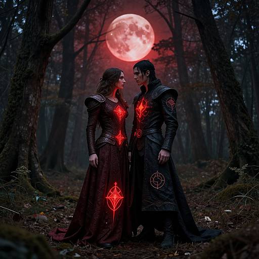 Photograph-style digital art: Gothic couple with glowing red symbols on dark robes stand under a red full moon in a dark forest.