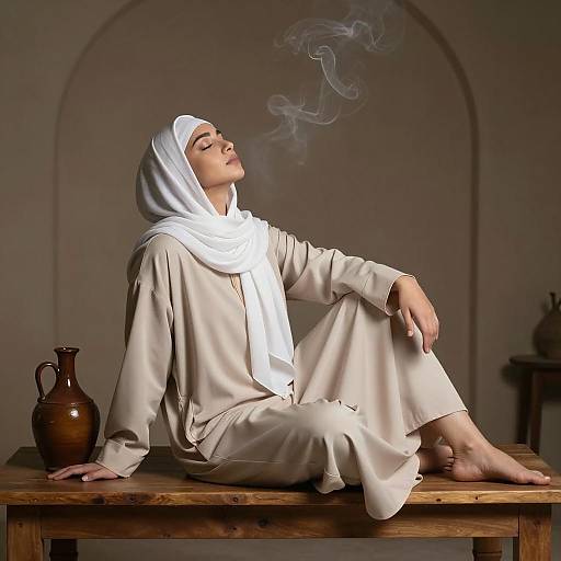 Woman Relaxing on Wooden Table with Smoke