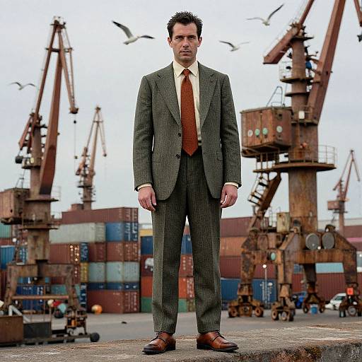 Photograph of a serious, dark-haired man in a gray pinstripe suit, orange tie, and brown shoes standing in an industrial port with rust