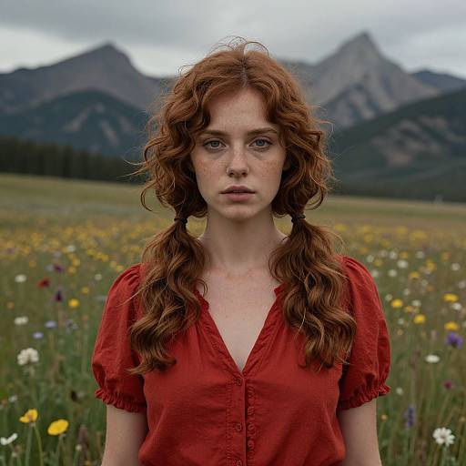 Photograph of a freckled red-haired woman with curly pigtails in a red blouse, standing in a vibrant wildflower meadow with mountain