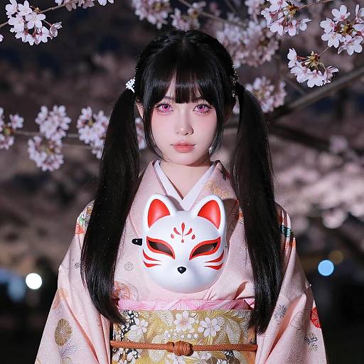 Photograph of an Asian woman with long black pigtails, wearing a pink kimono with a red fox mask, standing under cherry blossoms at