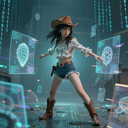 Glitch Hologram Cowboy Girl in Cyberspace
