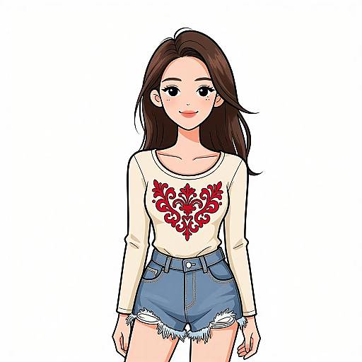 Digital anime-style drawing of a smiling woman with long brown hair, wearing a white long-sleeve shirt with red floral design, and blue denim shorts
