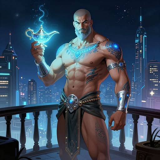 Muscular, bald, bearded man with glowing blue tattoos and armor, holding a blue ethereal flame, stands on a balcony against a neon city