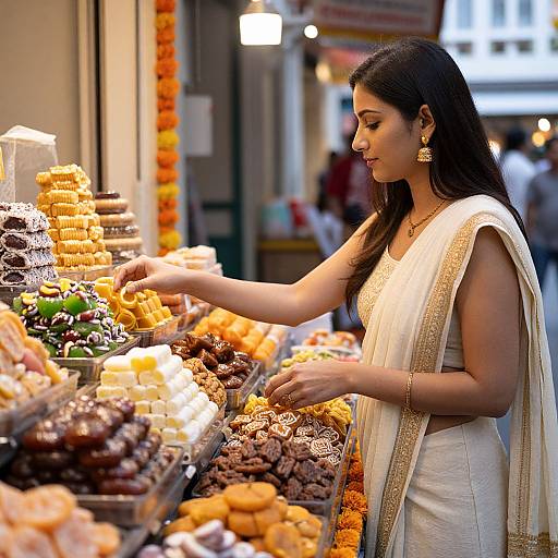 Photograph of an Indian woman in a white saree, adorned with gold jewelry, selecting sweets at a vibrant, colorful market stall.