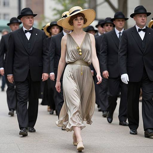 Photograph of a fair-skinned woman in a flowing beige dress and wide-brimmed hat, walking between black-suited men in hats down a