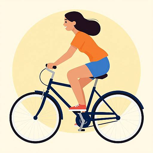 Digital illustration of a woman with long black hair, wearing an orange shirt and blue shorts, riding a black bicycle against a pale yellow circular background.
