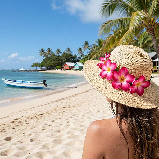 Photograph of a woman with brown hair, wearing a straw hat adorned with pink plumeria, facing a tropical beach with clear water, palm trees