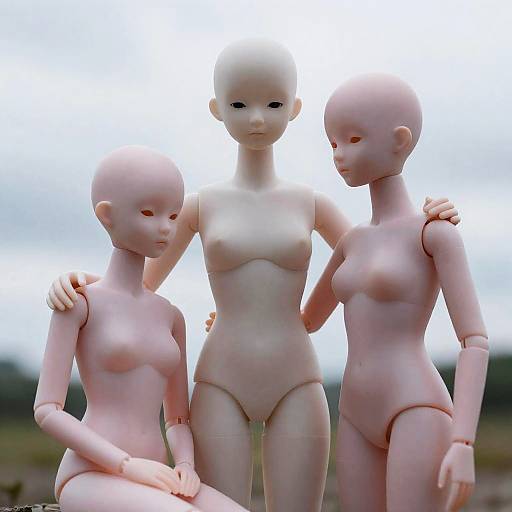 Bald Dolls in Translucent Garments Outdoors